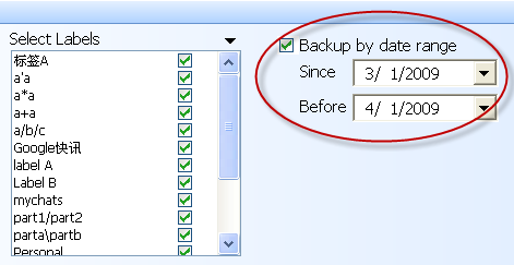 Backup profile editor window showing date range option