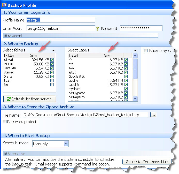 Showing size info for Gmail folders and labels